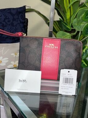 Coach Brown Signature Wallet with True Red Center Stripe